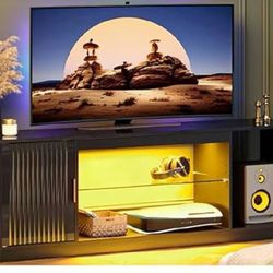 Q156-Fluted TV Stand for 65 Inch TV, Gaming LED Entertainment Center with Cabinet for PS5 Xbox, High Gloss TV Console for Living Room, Adjustable Glas