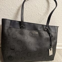 Black and Gray Guess Women's Faux Leather Tote Travel Bag Handbag Purse