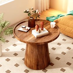 Round Wood Coffee Table, 24 Inch Walnut Coffee Table with Fluted Pedestal Base, Modern Tray Top Coffee Table for Living Room, Apartment