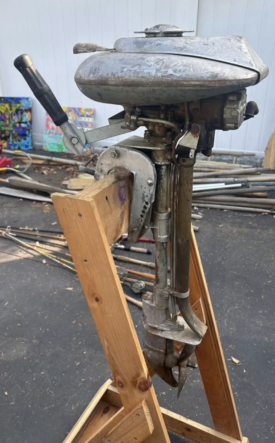 Outboard Boat Motor with Wooden Stand