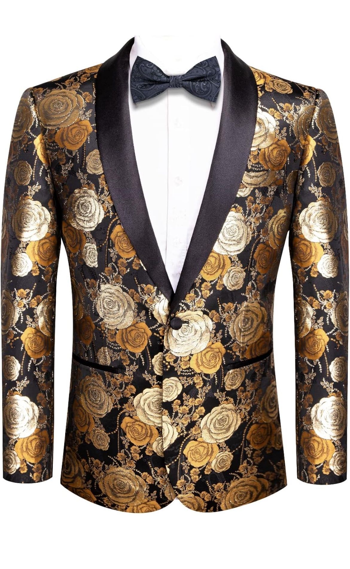 Hi-TieMen Suit Jacket Blazer One Button Slim Fit, Black/Gold Floral, Small *NEW*
