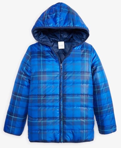 Boys Epic Threads Reversible Puffer Jacket Camp Plaid Blue Size XL Extra Large 18 20 Zip Up Long Sleeve