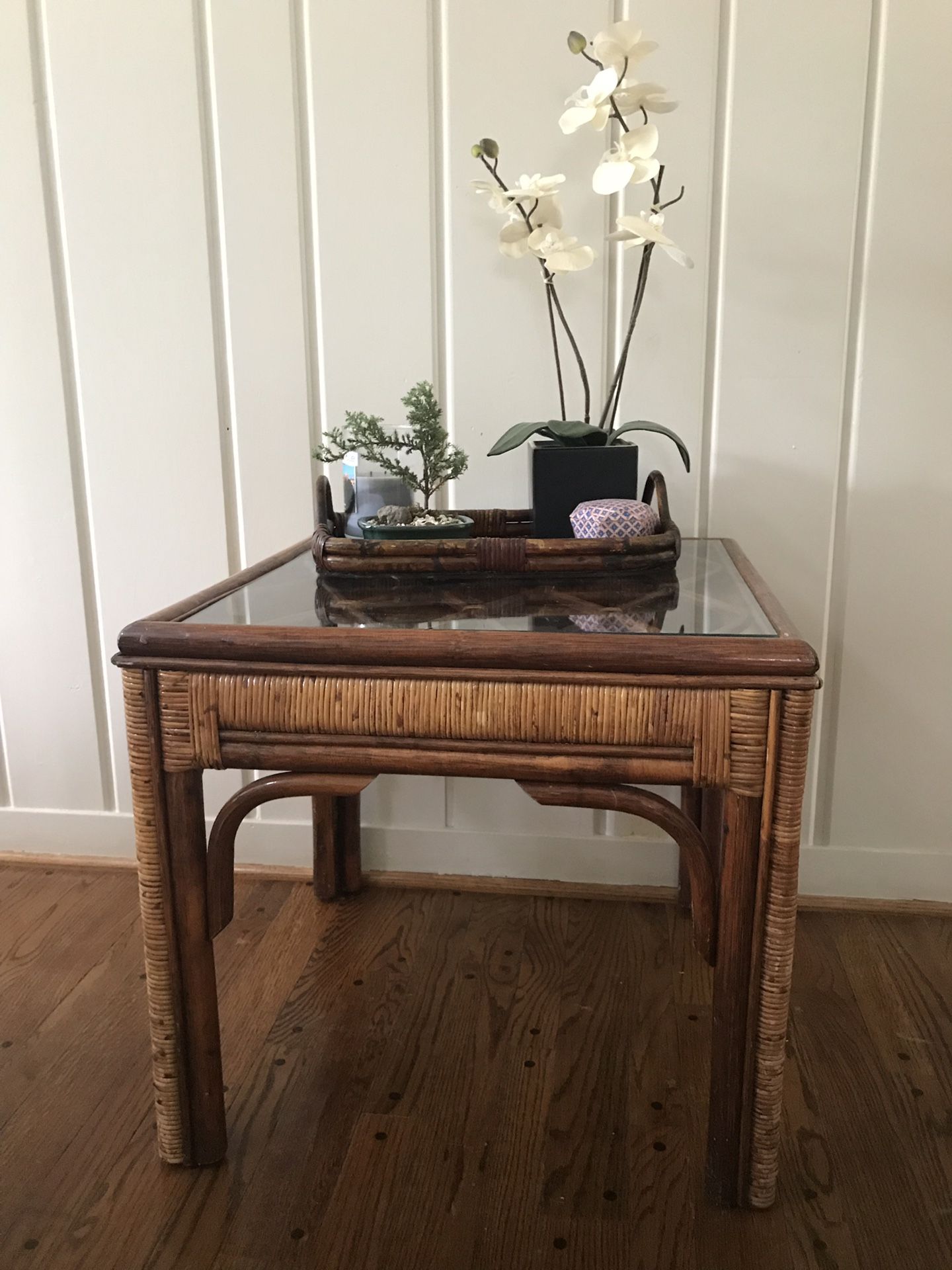 Rattan Side Table with Glass Top