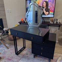 Modern Black Vanity Desk with Mirror + Chair