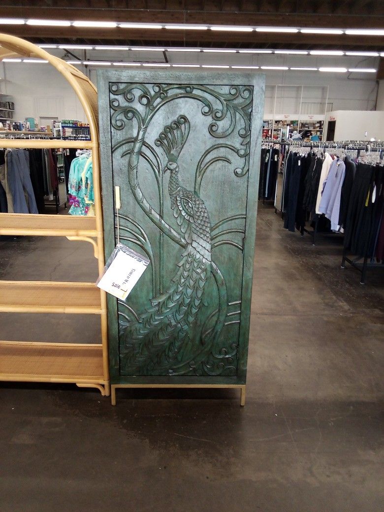Craft Teal Carved Wood Peacock Storage Cabinet