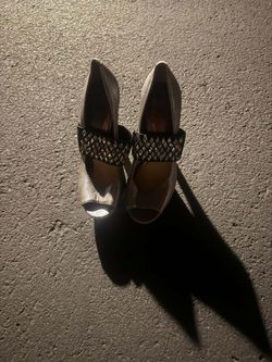 Gray Peep-Toe Heels with Studded Ankle Strap