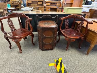 Carved Hardwood Corner Chairs and Octagonal Cabinet Set