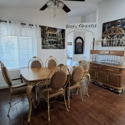  Rod Iron Decorative Table,leaf Extension,6  Chairs W/ Hutch.