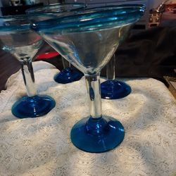 Mexican Hand Blown Aqua Rim and Base Set Of 4