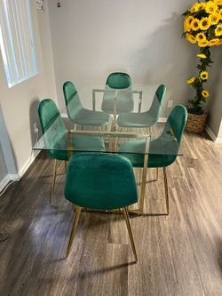 Emerald Green Gold Modern Velvet Glass Dining Set 