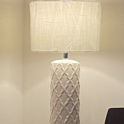 Modern Farmhouse Table Lamp With light Cream Textured Ceramic Base And  New White  Linen Lamp Shade, H28”