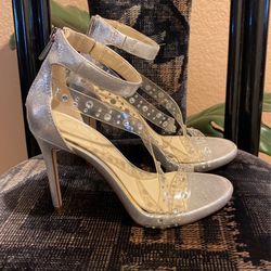 Silver Jessica Simpson Strappy High Heels With Stones Size 7