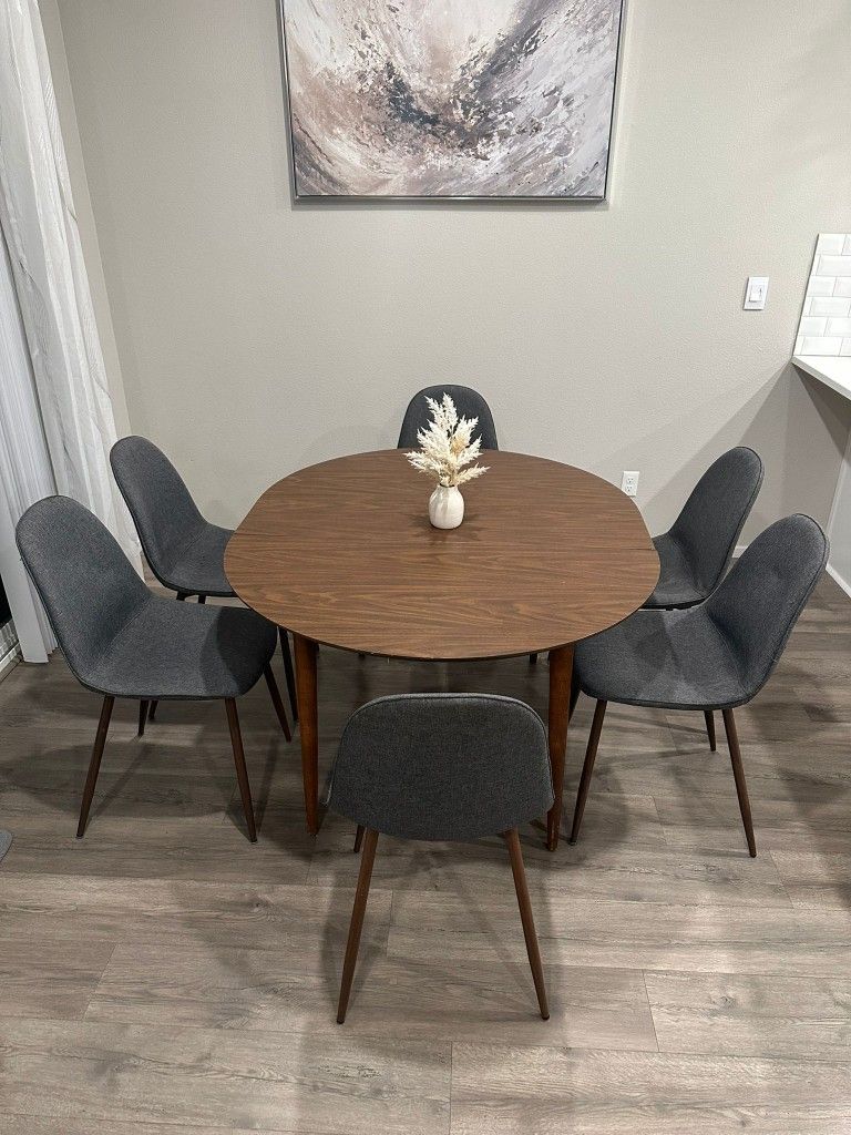 Brown Extendable Table and 6 Gray Chairs