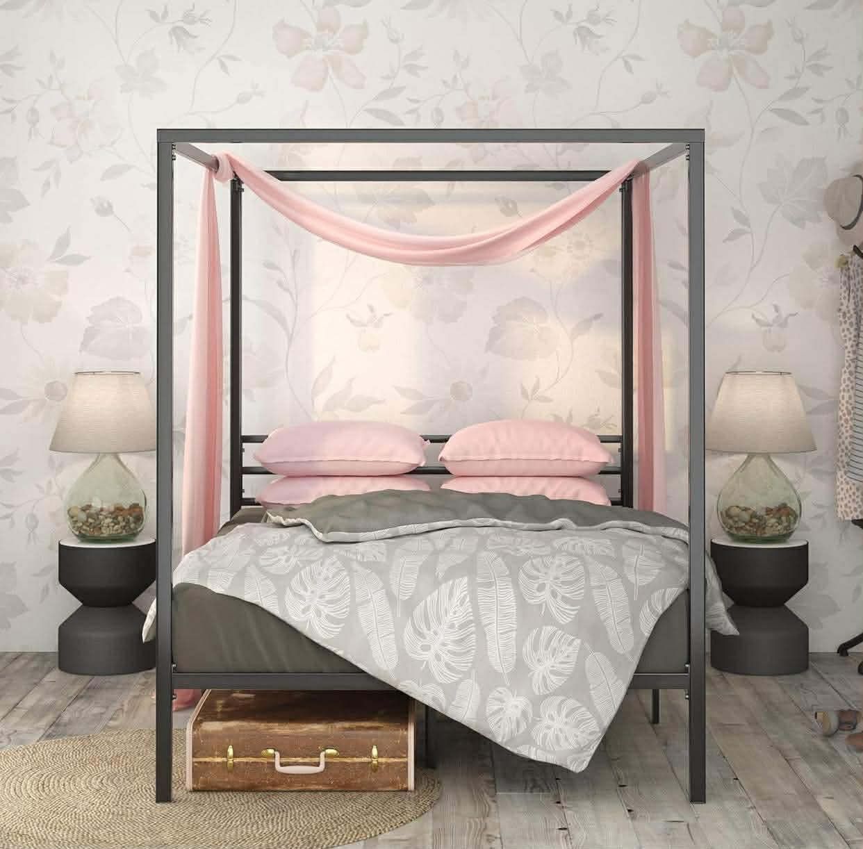 Patricia Black Metal Canopy Platform Bed Frame, Mattress Foundation with Steel Slat Support, No Box Spring Needed, Easy Assembly, Full