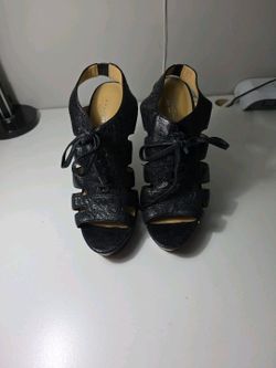 Women Size 7.5 Coach Moreen High Heels Black Lace Up Slingback Peep Toe Leather