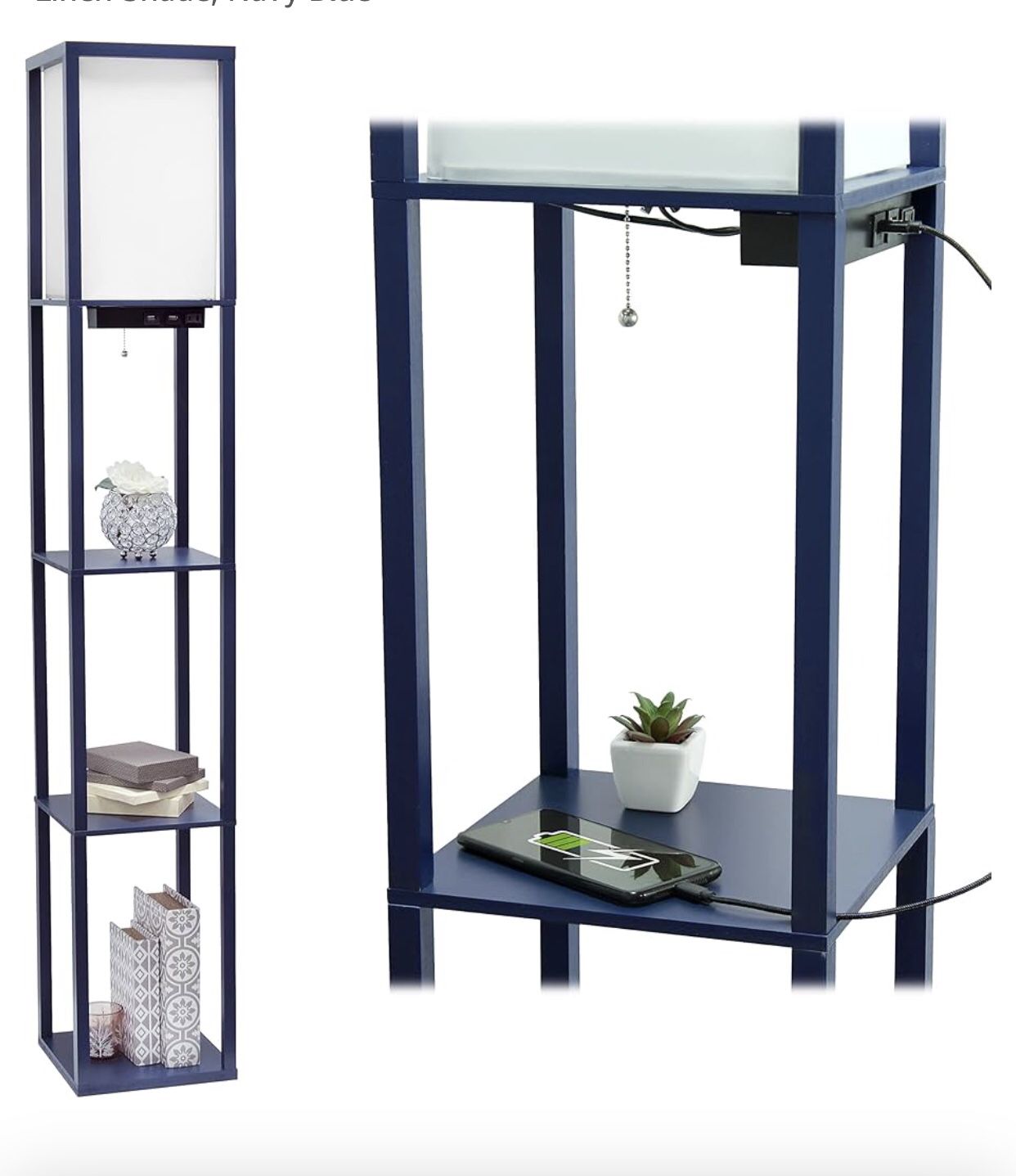 Floor Lamp Etagere Organizer Storage Shelf with 2 USB Charging Ports, 1 Charging Outlet and Linen Shade, Navy Blue