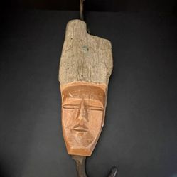 Carved Wooden Face Wall Art Mask with Iron Hooks  - 17" Long