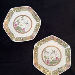 Two Vintage Hexagon Hand Painted Hummingbird Decorative Wall Plates 