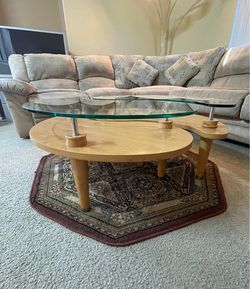 Yin-Yang Wood and Glass Coffee. Octagonal Are Rug.