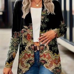 Ethnic Floral Printed Cardigan, Casual Long-Sleeved Cardigan for Spring And Autumn, Women's Clothing, Plant And Floral Printed Women's Capes And Windb