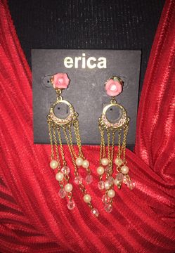 New Erica Jewelry Earrings Roses Gold Tone Pink Pearls Beads Long Chandelier Jewel1-6
