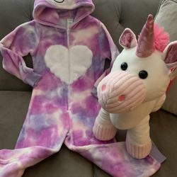 💜 New large Unicorn Plush Plus Fleece Zip Up Union Suit, Unicorn Kids Pajamas Plus Unicorn Plush, Kids Size 6
