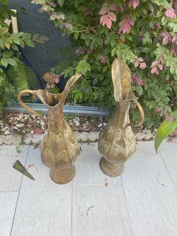 Pair of Brass Engraved Decorative Pitchers