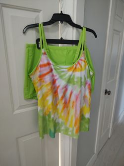 Bathing suit two-piece tankini fluorescent green yellow red (2XL)