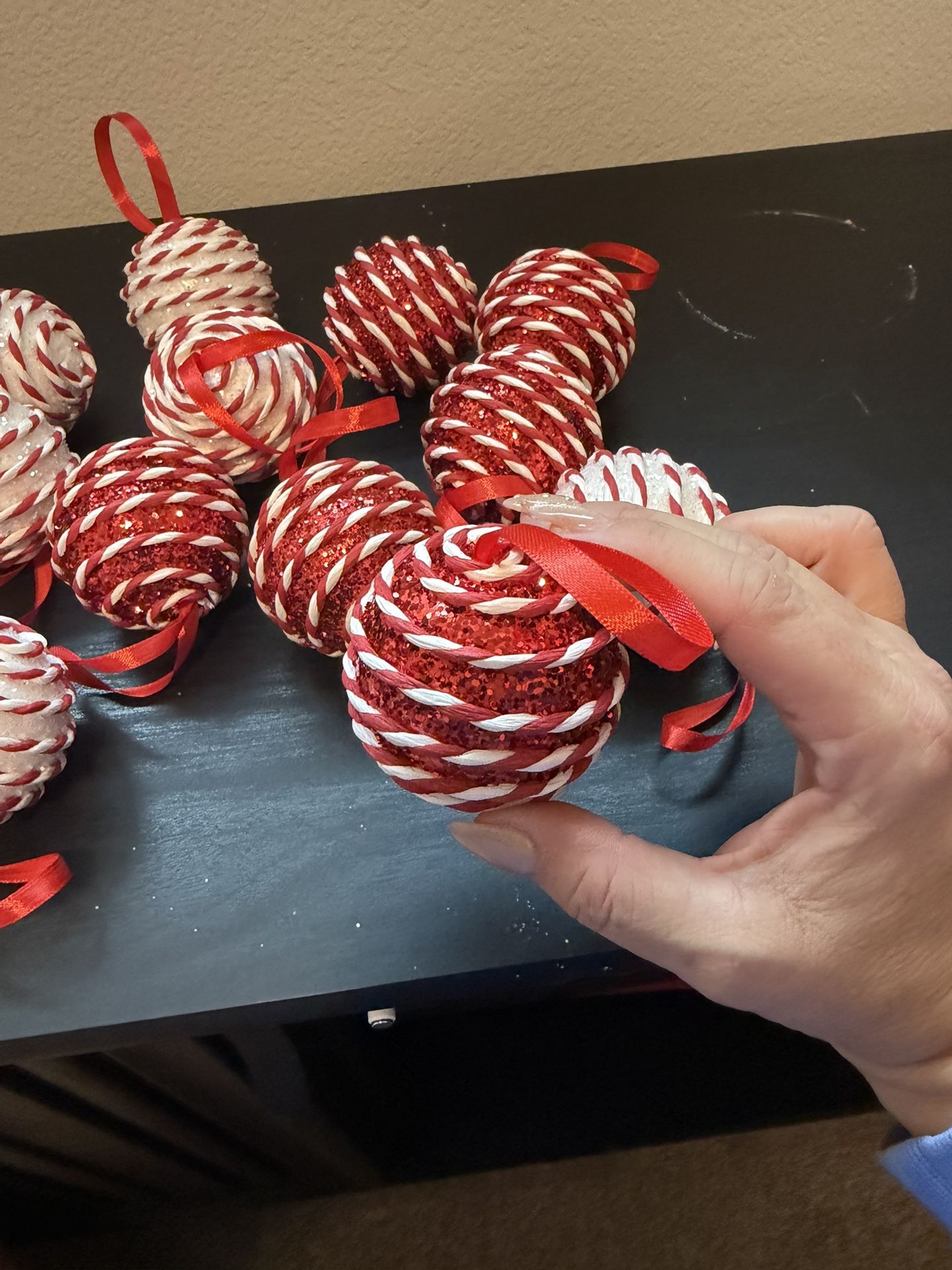 Set Of 12 Red And White Ornaments