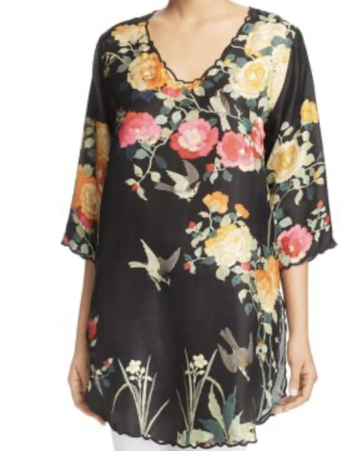 Johnny Was Charlotte Rose Scalloped Silk Tunic. Size medium.