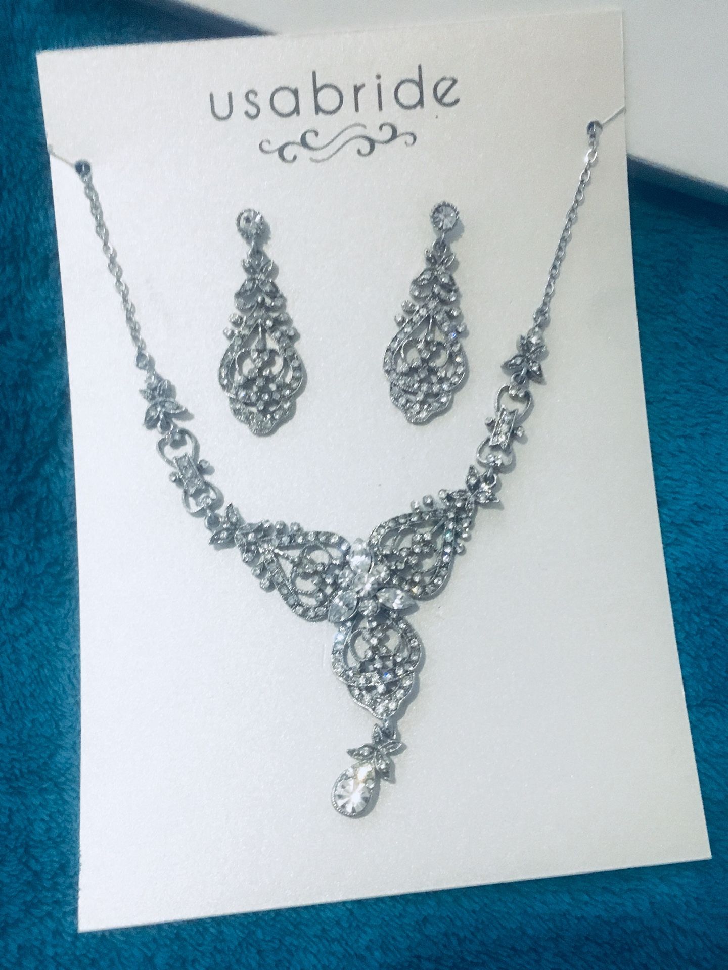 USA BRIDAL SULVER DIAMONDS NECKLACE EARINGS set NIB Wedding Jewelry NEW