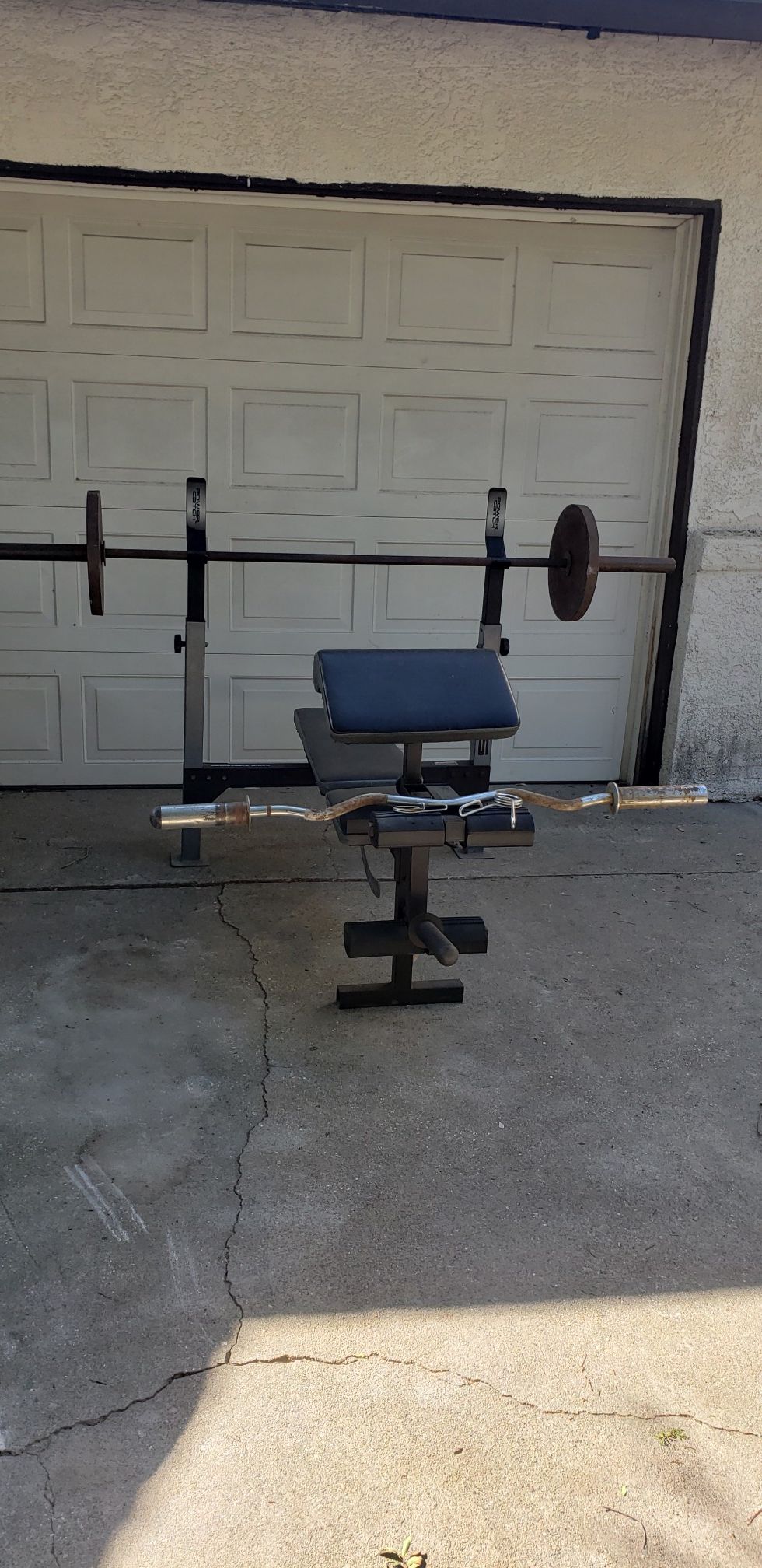 Olympic weight bench, 7ft bar, curl bar and 35lb weights