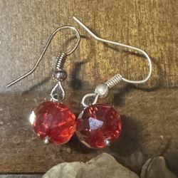 Handcrafted Red Glass Dangle Drop Earrings Bohemian Round Hook Silver