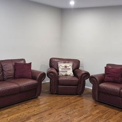 For Sale: Raymour & Flanagan-Burgundy Leather Studded Sofa set - Best Offer