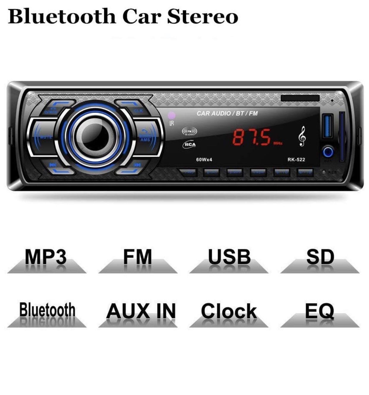 Bluetooth Car Stereo, 4x60W Digital Media Receiver with Remote Control, Car Speakerphone Hand-Free Call, Support USB/SD/Audio Receiver/MP3 Player/FM