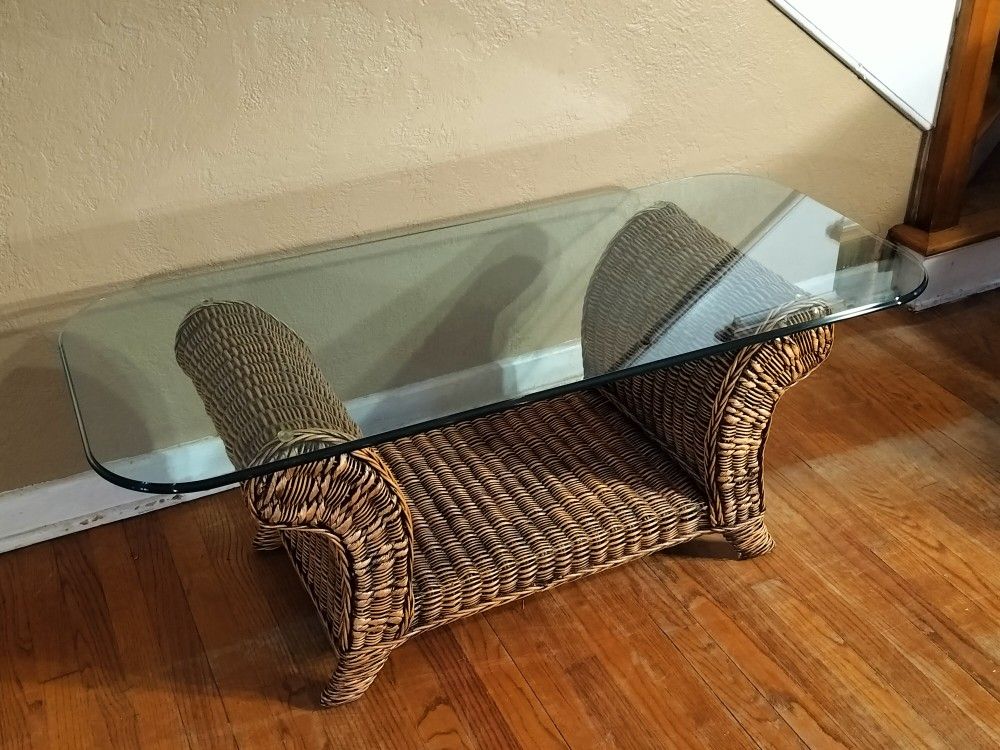 Wicker Weave Scroll Coffee Table With An Ogee Edge Glass Top.See Full Description