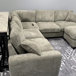 New! Fog Grey Plush Corduroy Sectional and Ottoman