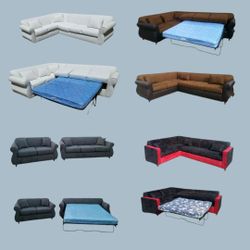 NEW  7X9FT  SECTIONAL COUCHES WITH SLEEPER COUCHES,  WHITE LEATHER,  BROWN MICROFIBER  COMBO, BLACK MICROFIBER COMBO  AND CHARCOAL / More Color Availa