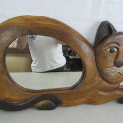 Folk Art Cat Wall Mirror Hand Carved 23 1/2" Width


