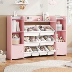 Kids Toy Storage Organizer Bookcase with 8 Bins, Pink Toy Storage Organizer Bookshelf with 2 Door for Children Playroom Organization