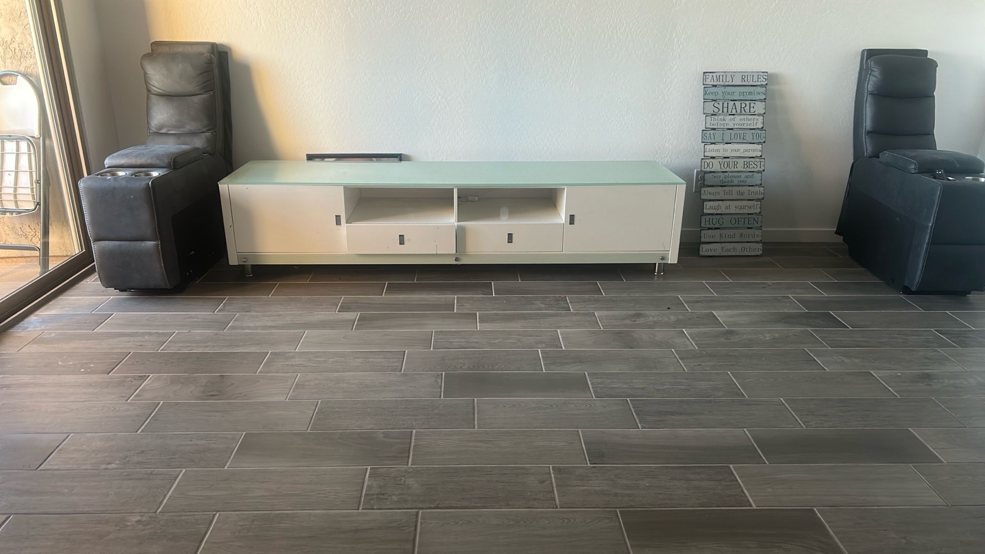 Modern White TV Stand w/ Glass Top – Fits 75” TV