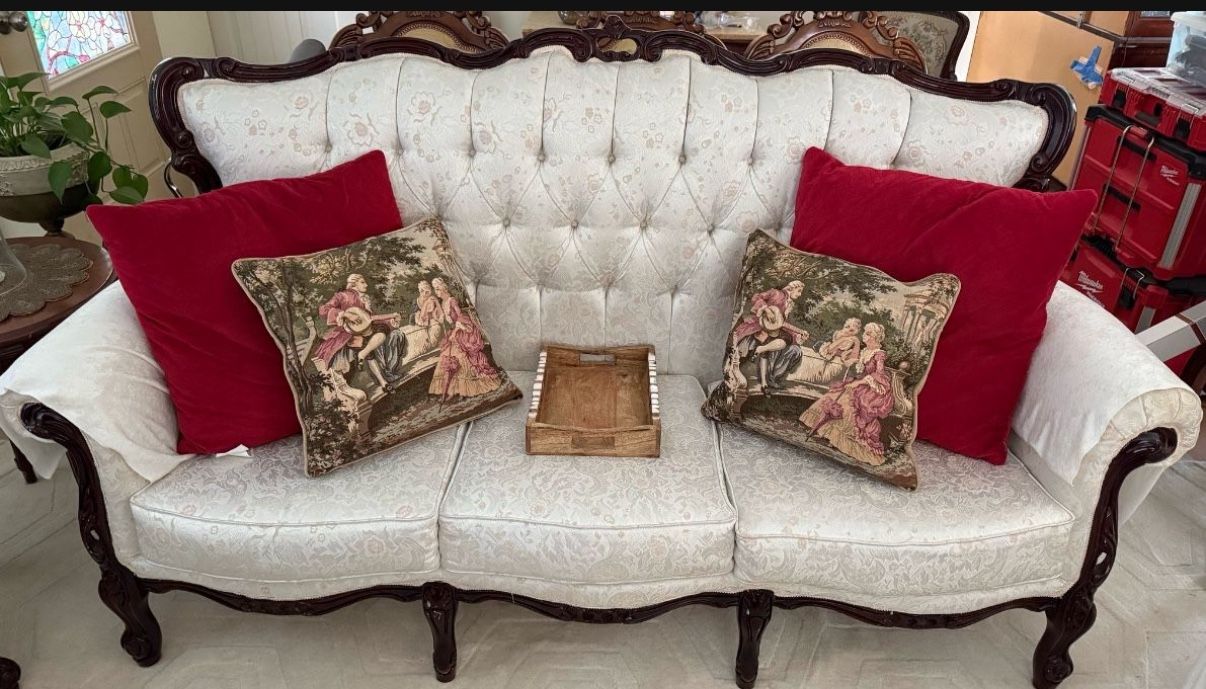 Vintage/Antique Style Carved Wood Tufted Sofa