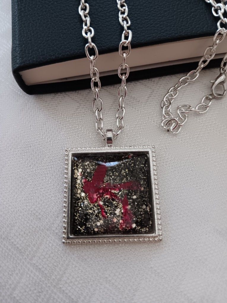 Unique Handpainted Red Silver And Black Pendant On Silver Chain