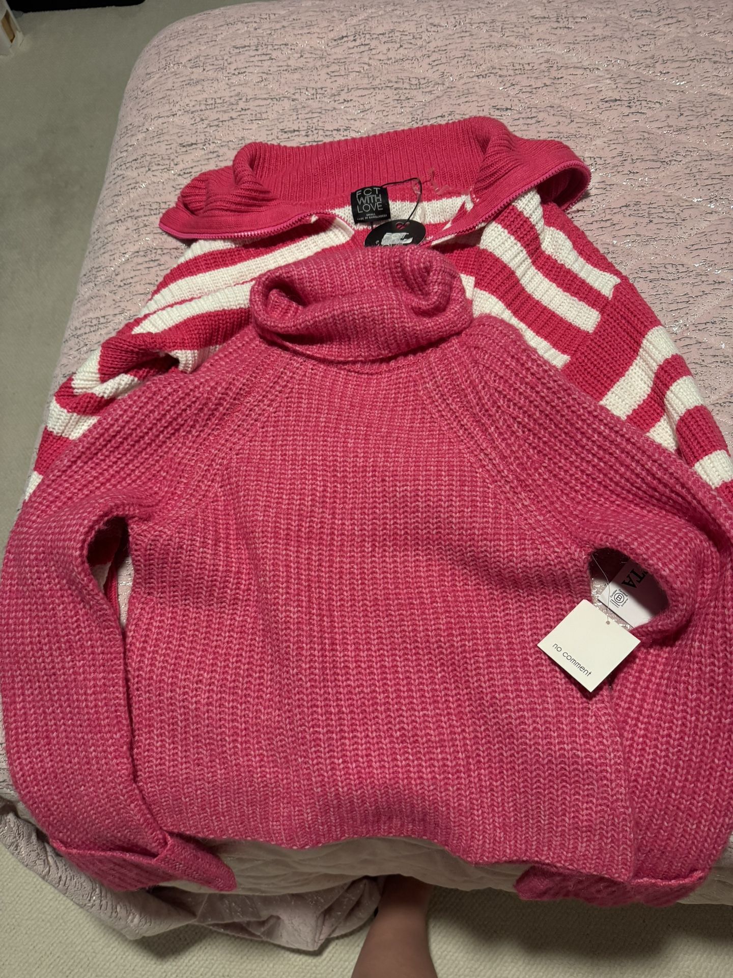 Lot Of 2 Womens Small Pink Striped Sweaters Jacket Zip Up Shirt