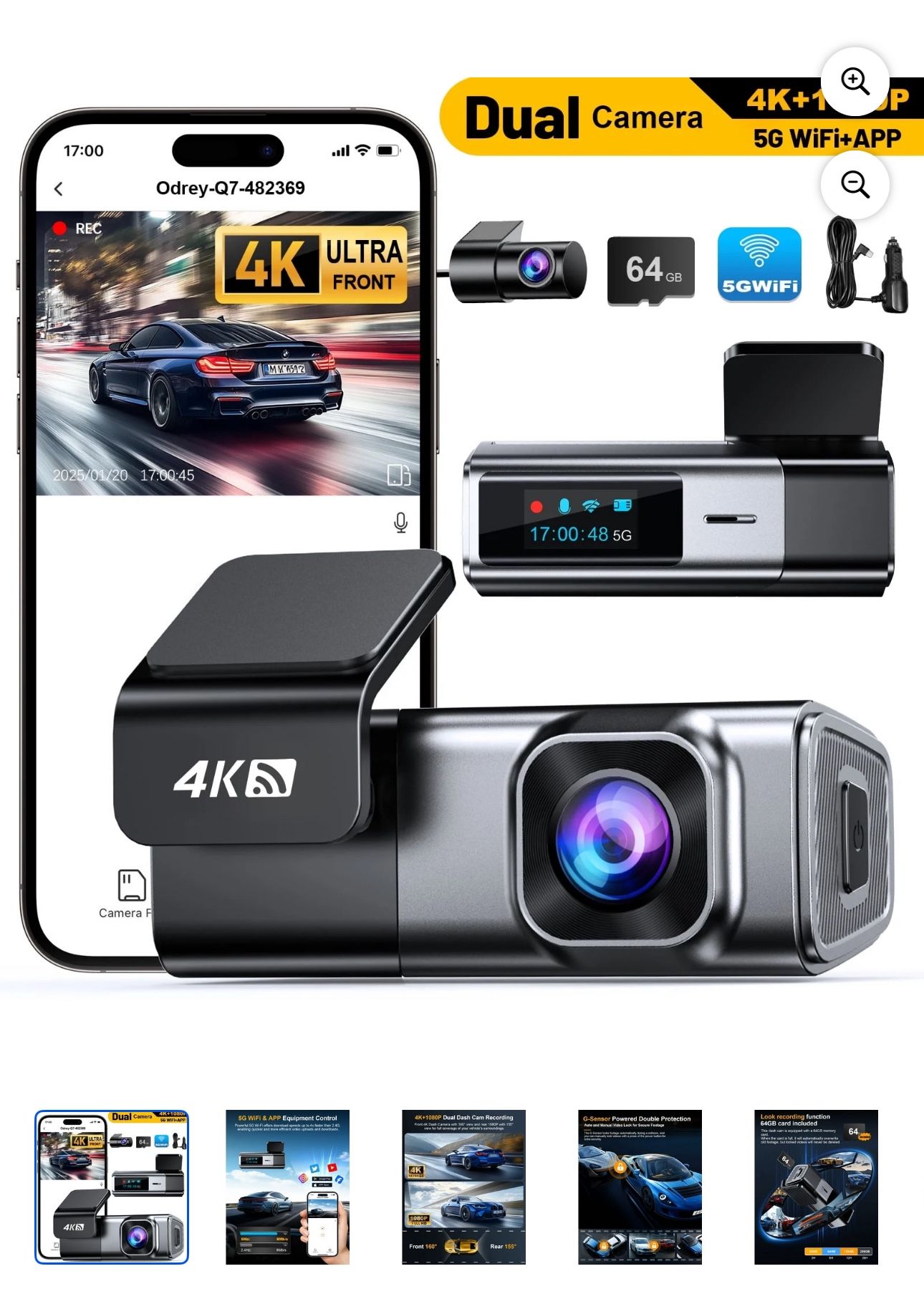 🔥Brand new🔥 Car Dash Cam Front and Rear, Dashcam 4K Front and 1080P Rear Camera with 5G WiFi 64GB Card, Dash Camera for Cars with G-Sensor 24H Parki