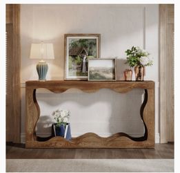 Tribesigns 63-inch Farmhouse Console Table w Storage, Scalloped Design, Wood Grain color