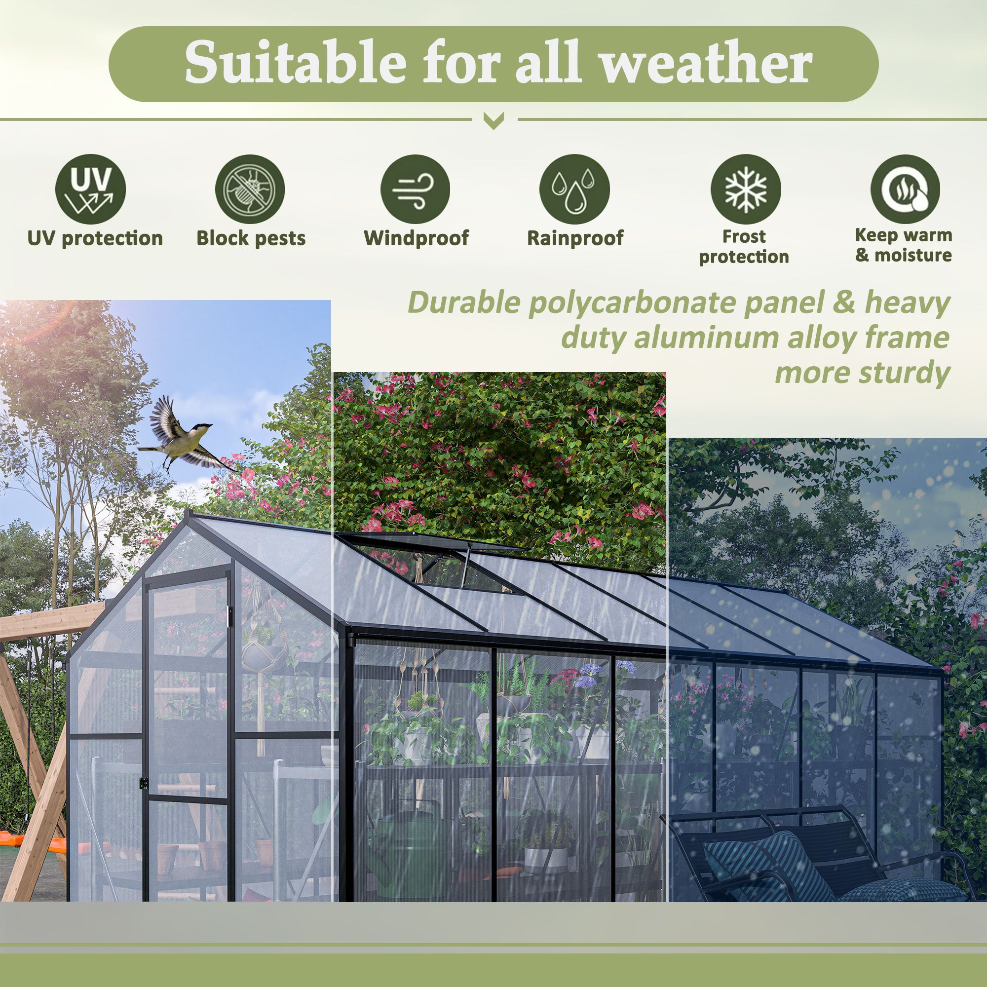 6' x 12' Thicked Polycarbonate Greenhouse, Greenhouse with Double Flush Door, Rain Gutter and Ventilation Window, Green House for Sunroom, Garden, Bac
