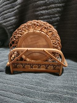 Vintage Bamboo Coaster Set Of 6 With Carrier