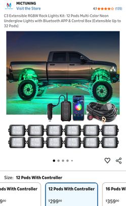 C3 Extensible RGBW Rock Lights Kit- 12 Pods Multi-Color Neon Underglow Lights with Bluetooth APP & Control Box (Extensible Up to 32 Pods)