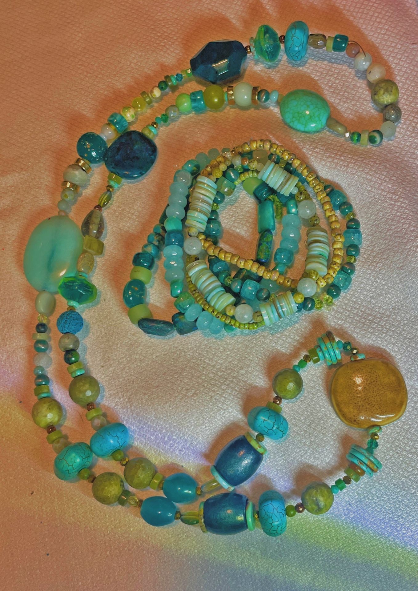 Turquoise Stone & Ceramic Necklace And Bracelets